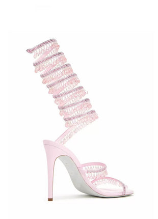 Crystal Chandelier Embellished Faux Satin Wraparound Self-Tie Stiletto Sandals