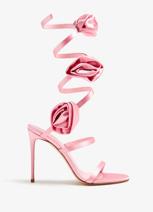 3D Rose Satin Ankle Wrap Around Stiletto Heel Sandals