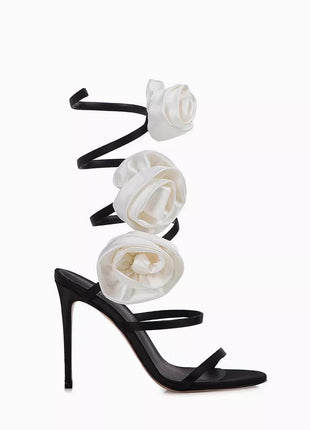 3D Rose Satin Ankle Wrap Around Stiletto Heel Sandals