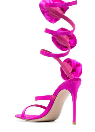 3D Rose Satin Ankle Wrap Around Stiletto Heel Sandals