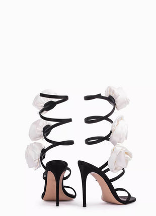 3D Rose Satin Ankle Wrap Around Stiletto Heel Sandals