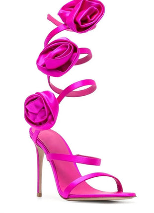 3D Rose Satin Ankle Wrap Around Stiletto Heel Sandals