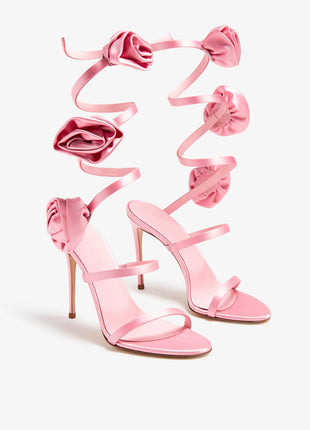 3D Rose Satin Ankle Wrap Around Stiletto Heel Sandals