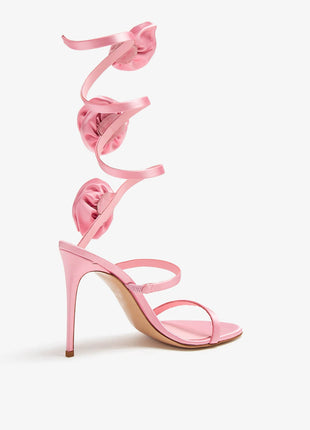 3D Rose Satin Ankle Wrap Around Stiletto Heel Sandals