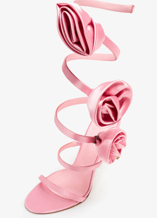 3D Rose Satin Ankle Wrap Around Stiletto Heel Sandals