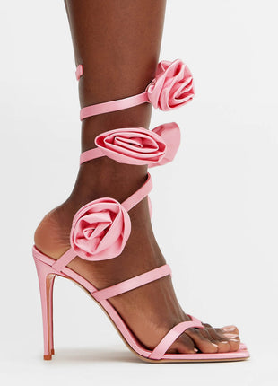 3D Rose Satin Ankle Wrap Around Stiletto Heel Sandals