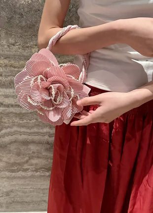 3D Flower Evening Clutch Bag With Faux Pearl Detail