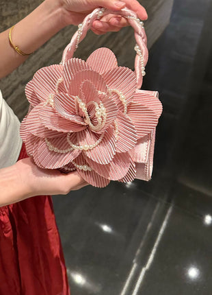 3D Flower Evening Clutch Bag With Faux Pearl Detail