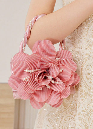 3D Flower Evening Clutch Bag With Faux Pearl Detail