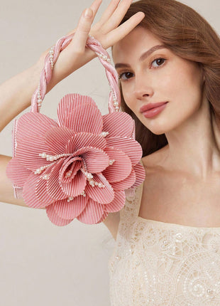 3D Flower Evening Clutch Bag With Faux Pearl Detail