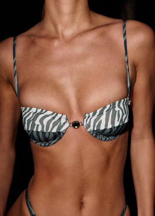 Zebra Print Underwire Balconette High-Leg Bikini Set Gemstone Accents Details