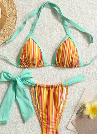Contrast Striped Print Triangle Halter Brazilian Bikini Set