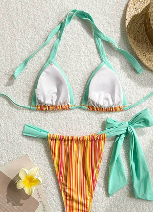 Contrast Striped Print Triangle Halter Brazilian Bikini Set