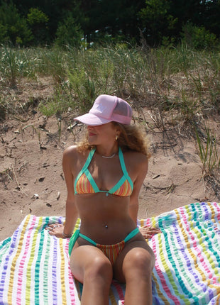 Contrast Striped Print Triangle Halter Brazilian Bikini Set