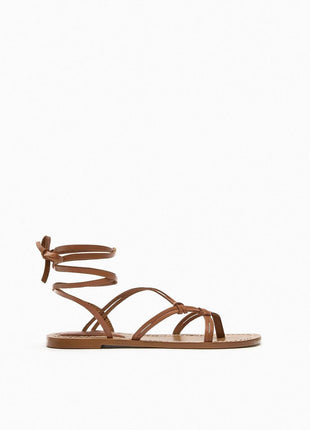Faux Leather Lace Up Flat Strappy Sandals