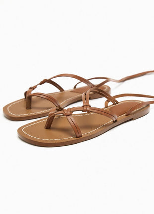 Faux Leather Lace Up Flat Strappy Sandals