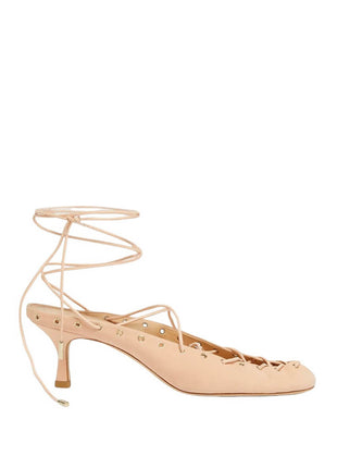 Faux Leather Lace Up Ankle-Wrap Mule Kitten Heels