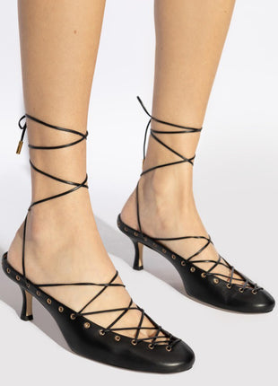 Faux Leather Lace Up Ankle-Wrap Mule Kitten Heels