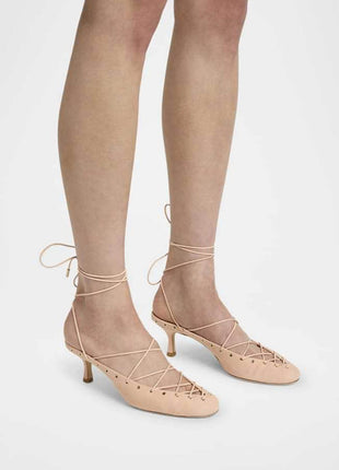 Faux Leather Lace Up Ankle-Wrap Mule Kitten Heels