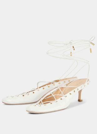 Faux Leather Lace Up Ankle-Wrap Mule Kitten Heels