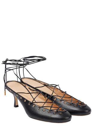 Faux Leather Lace Up Ankle-Wrap Mule Kitten Heels