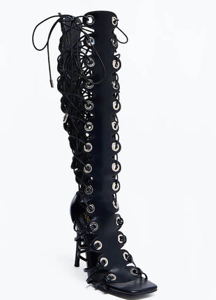 Eyelet Lace Up Knee High Open Square Toe Gladiator Stiletto Heeled Sandals