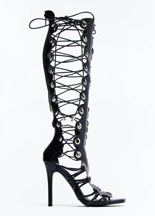Eyelet Lace Up Knee High Open Square Toe Gladiator Stiletto Heeled Sandals