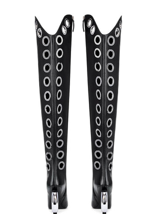 Eyelet Pointed Toe Over-The-Knee Boots With Silver Ring Heel
