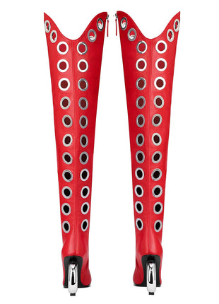 Eyelet Pointed Toe Over-The-Knee Boots With Silver Ring Heel
