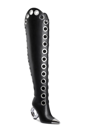 Eyelet Pointed Toe Over-The-Knee Boots With Silver Ring Heel