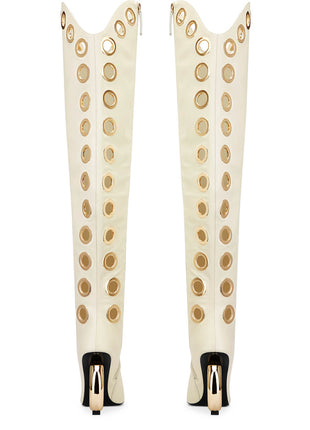 Eyelet Pointed Toe Over-The-Knee Boots With Gold Ring Heel