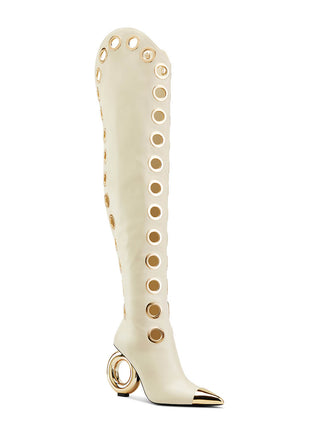 Eyelet Pointed Toe Over-The-Knee Boots With Gold Ring Heel