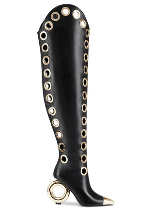 Eyelet Pointed Toe Over-The-Knee Boots With Gold Ring Heel