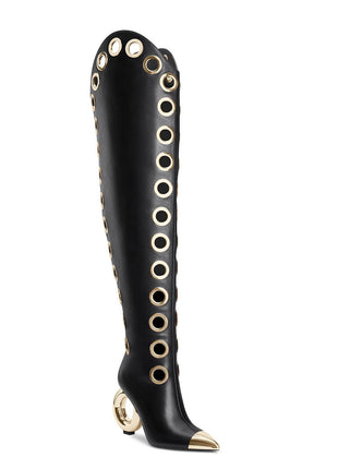 Eyelet Pointed Toe Over-The-Knee Boots With Gold Ring Heel