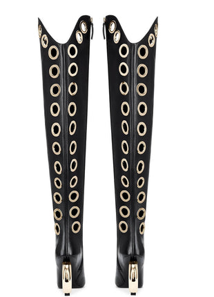 Eyelet Pointed Toe Over-The-Knee Boots With Gold Ring Heel
