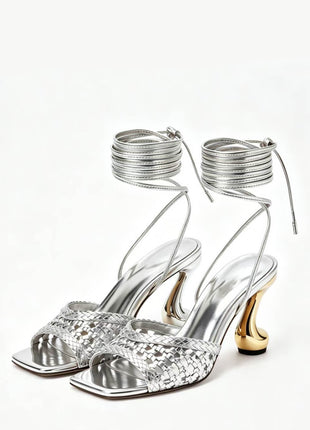 Woven Square Toe Wrap Up Sculpted Heel Sandals