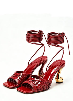 Woven Square Toe Wrap Up Sculpted Heel Sandals