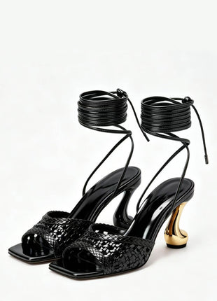 Woven Square Toe Wrap Up Sculpted Heel Sandals