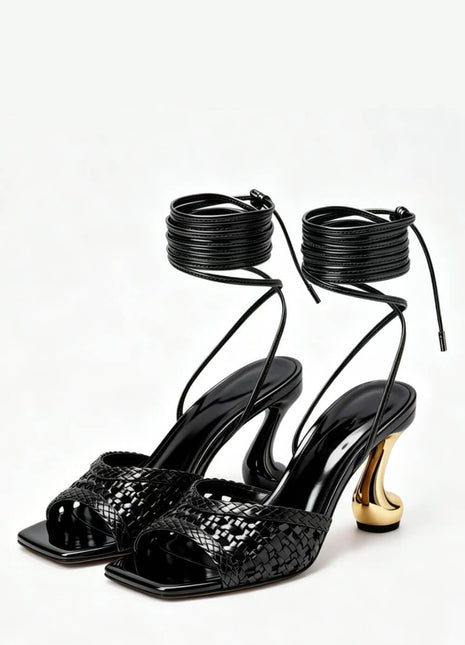 Woven Square Toe Wrap Up Sculpted Heel Sandals