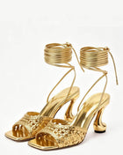 Woven Square Toe Wrap Up Sculpted Heel Sandals