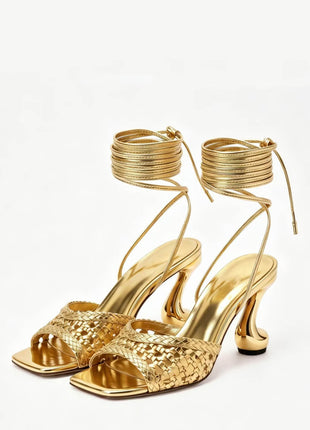 Woven Square Toe Wrap Up Sculpted Heel Sandals