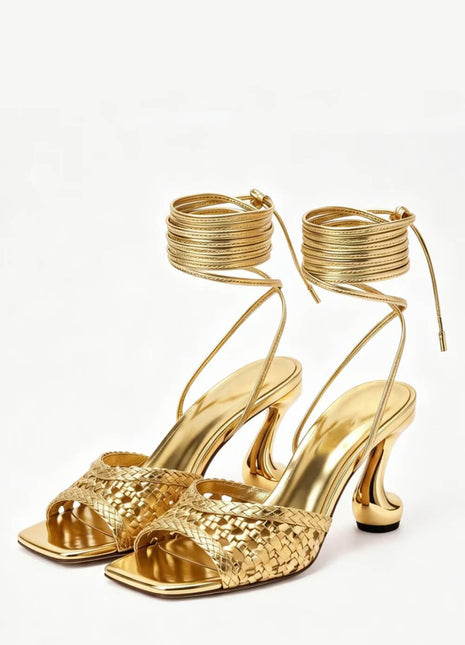 Woven Square Toe Wrap Up Sculpted Heel Sandals