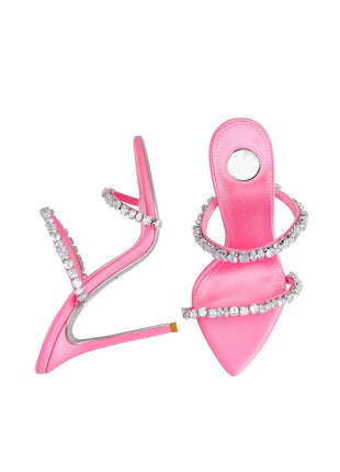 Satin Crystal Embellished Pointed Toe High Heel Mules