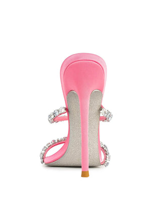 Satin Crystal Embellished Pointed Toe High Heel Mules