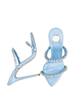Satin Crystal Embellished Pointed Toe High Heel Mules