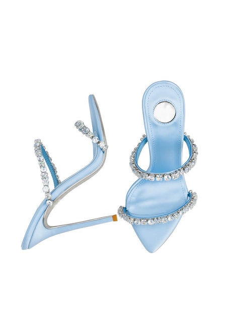 Satin Crystal Embellished Pointed Toe High Heel Mules
