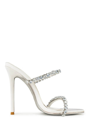 Satin Crystal Embellished Pointed Toe High Heel Mules