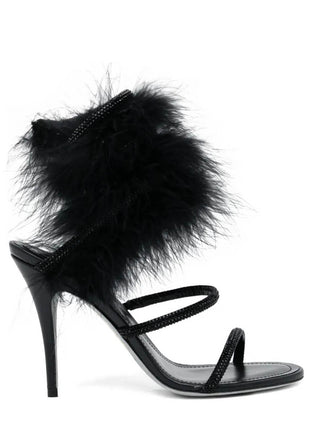 Faux Fur Crystal-Embellished Open Toe Spiral Stiletto Sandals