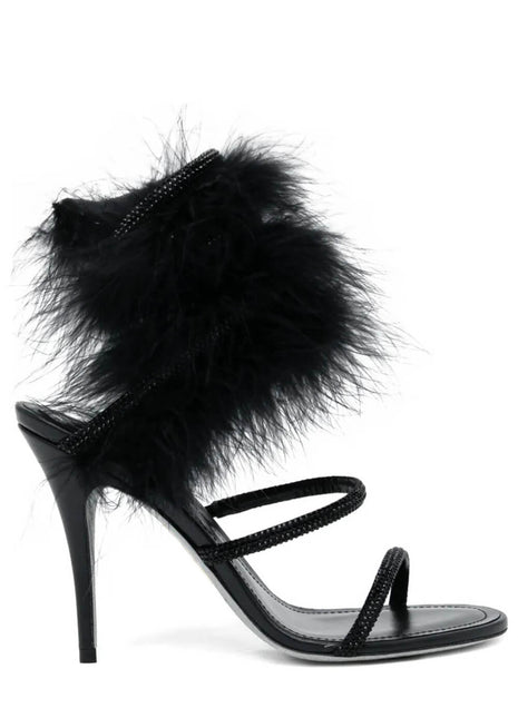 Faux Fur Crystal-Embellished Open Toe Spiral Stiletto Sandals