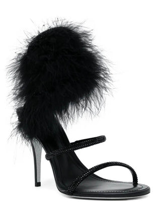 Faux Fur Crystal-Embellished Open Toe Spiral Stiletto Sandals